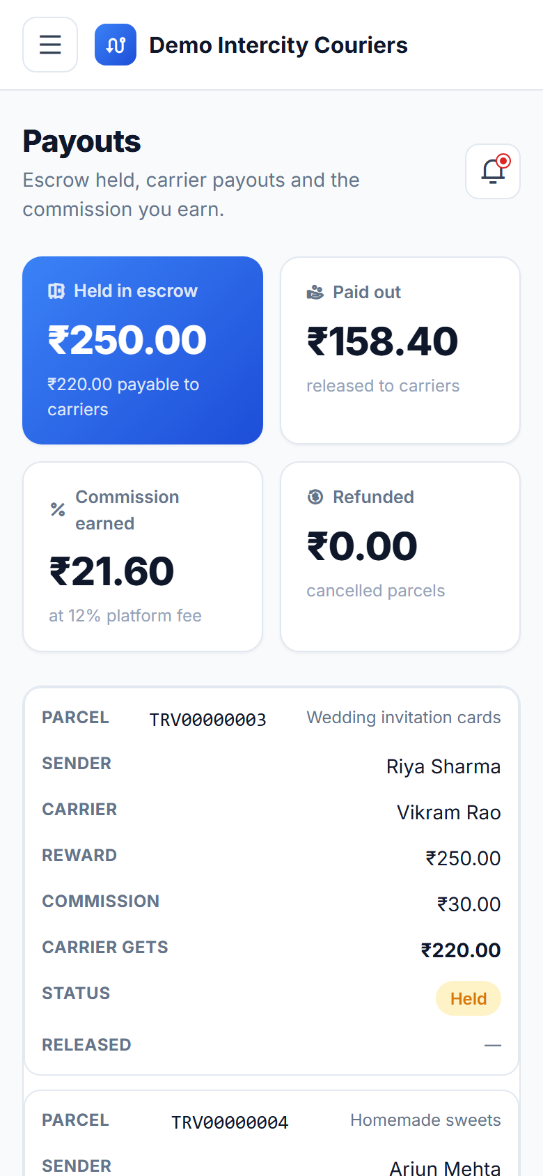 Crowdsourced Intercity Delivery Marketplace Software screenshot