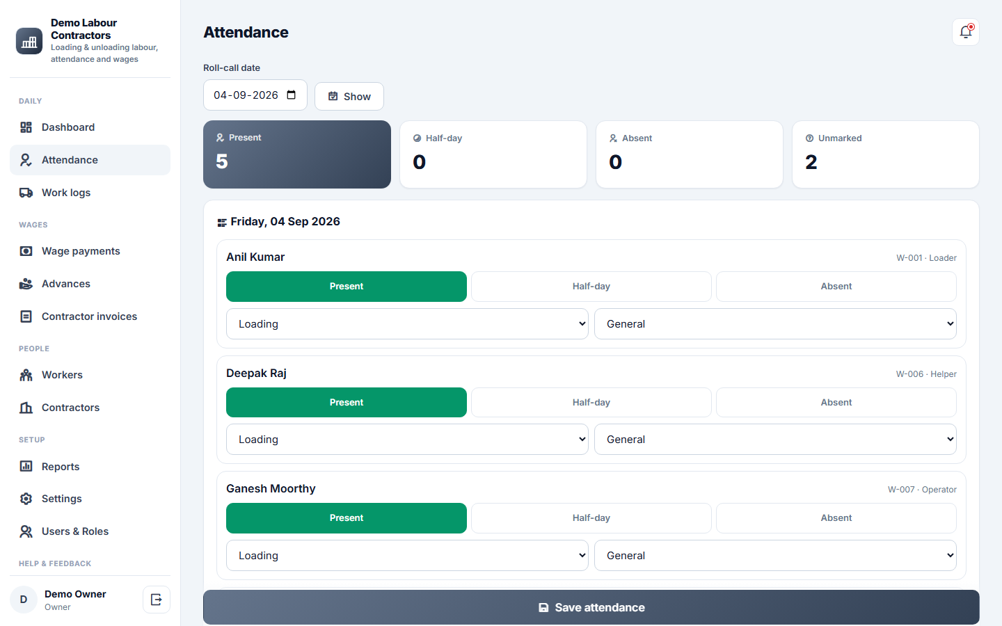 Loading Unloading Labour Management and Wage Software screenshot