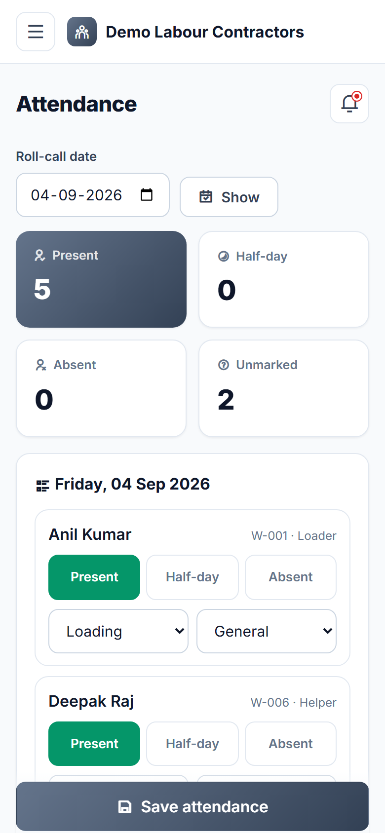 Loading Unloading Labour Management and Wage Software screenshot