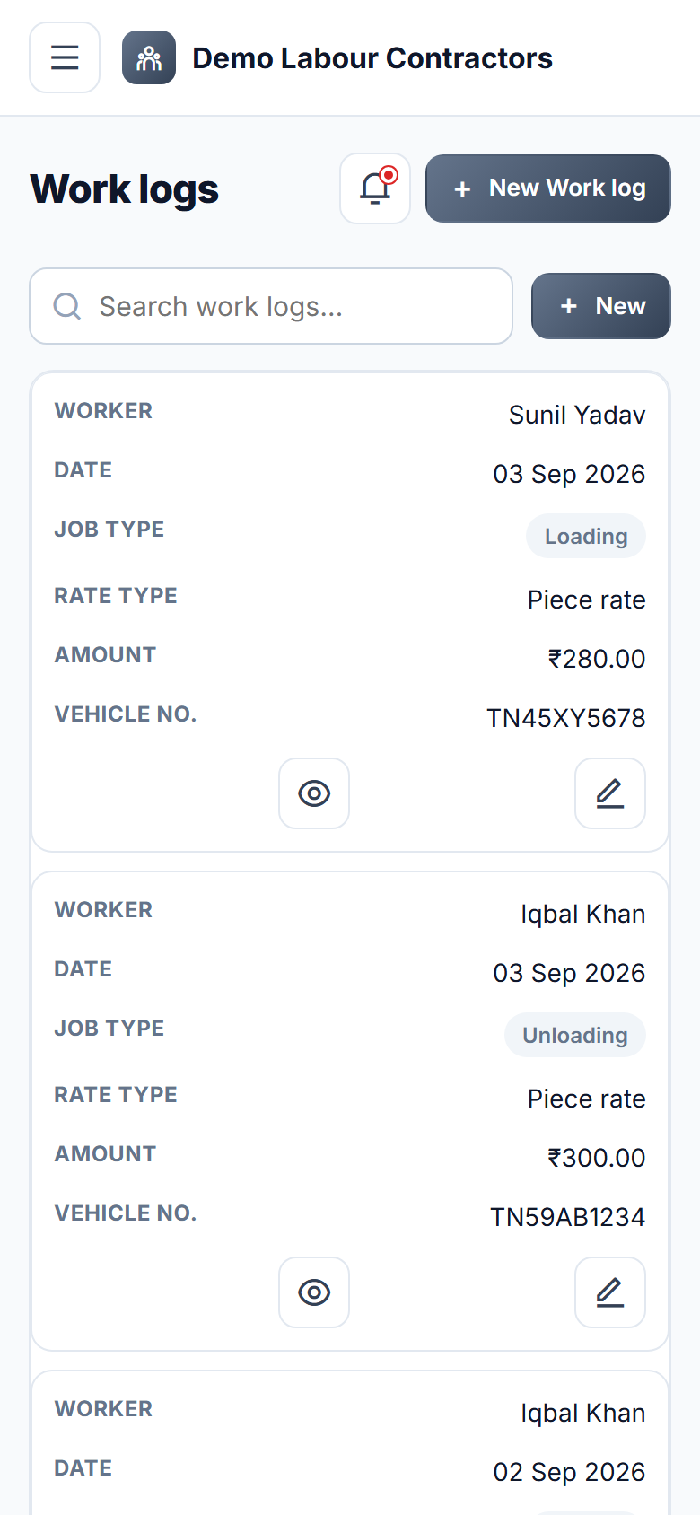 Loading Unloading Labour Management and Wage Software screenshot