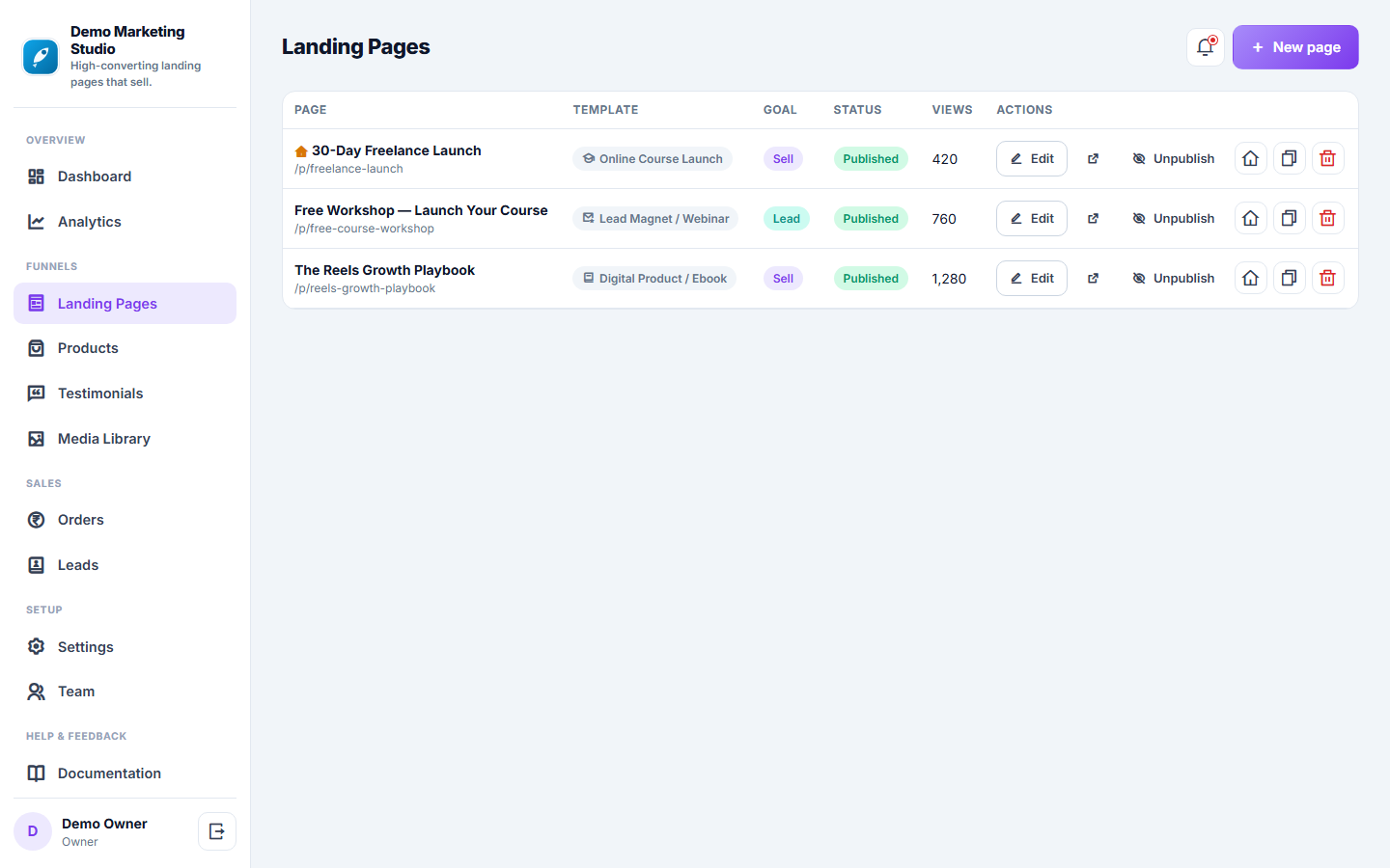 Landing Page & Sales Funnel Builder screenshot