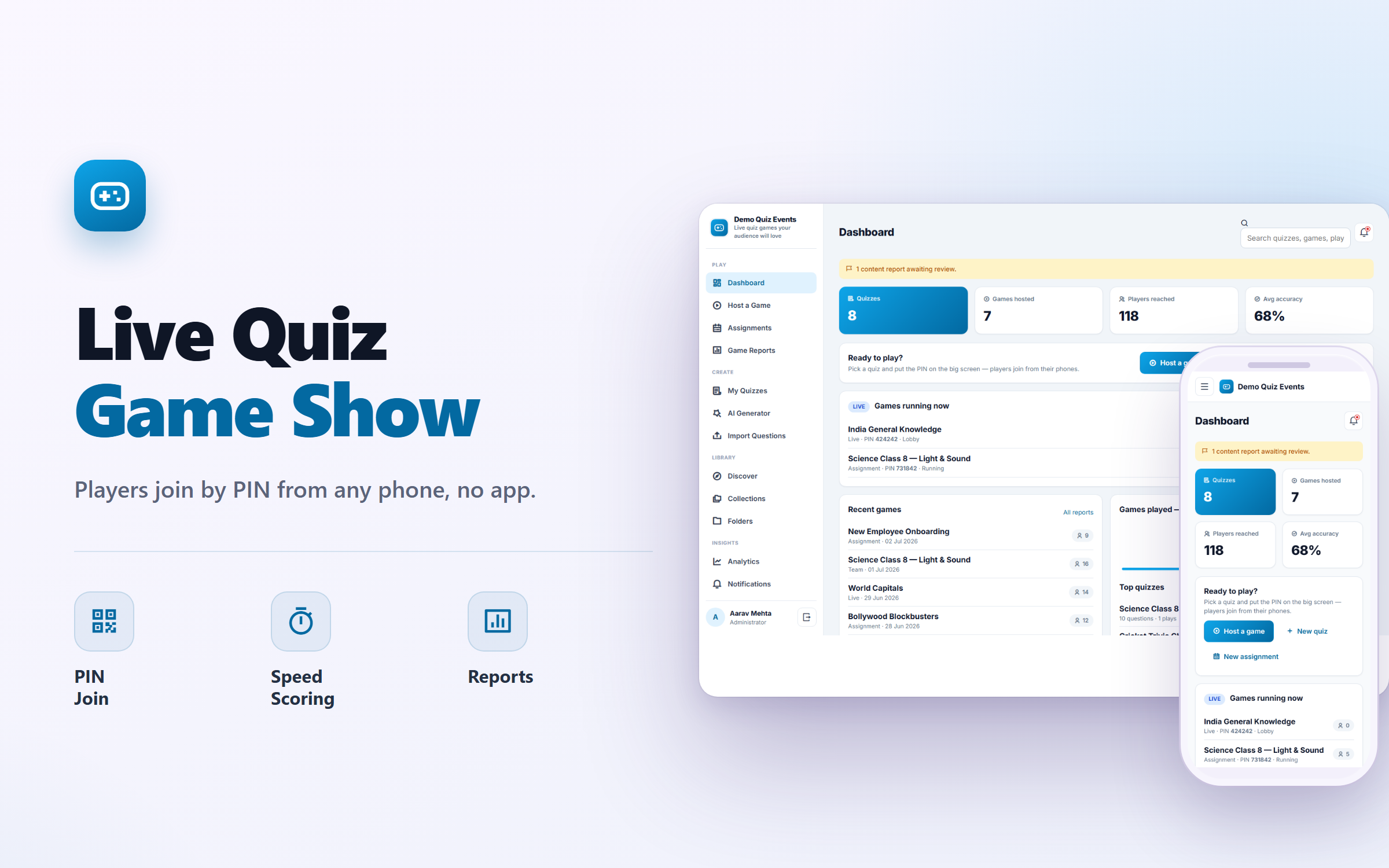 Live Quiz and Game Show Platform