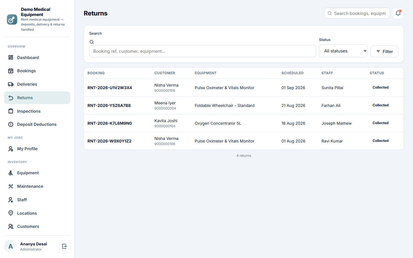 Medical Equipment Rental and Inventory Management Software screenshot