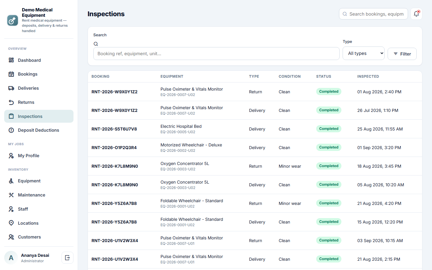 Medical Equipment Rental and Inventory Management Software screenshot