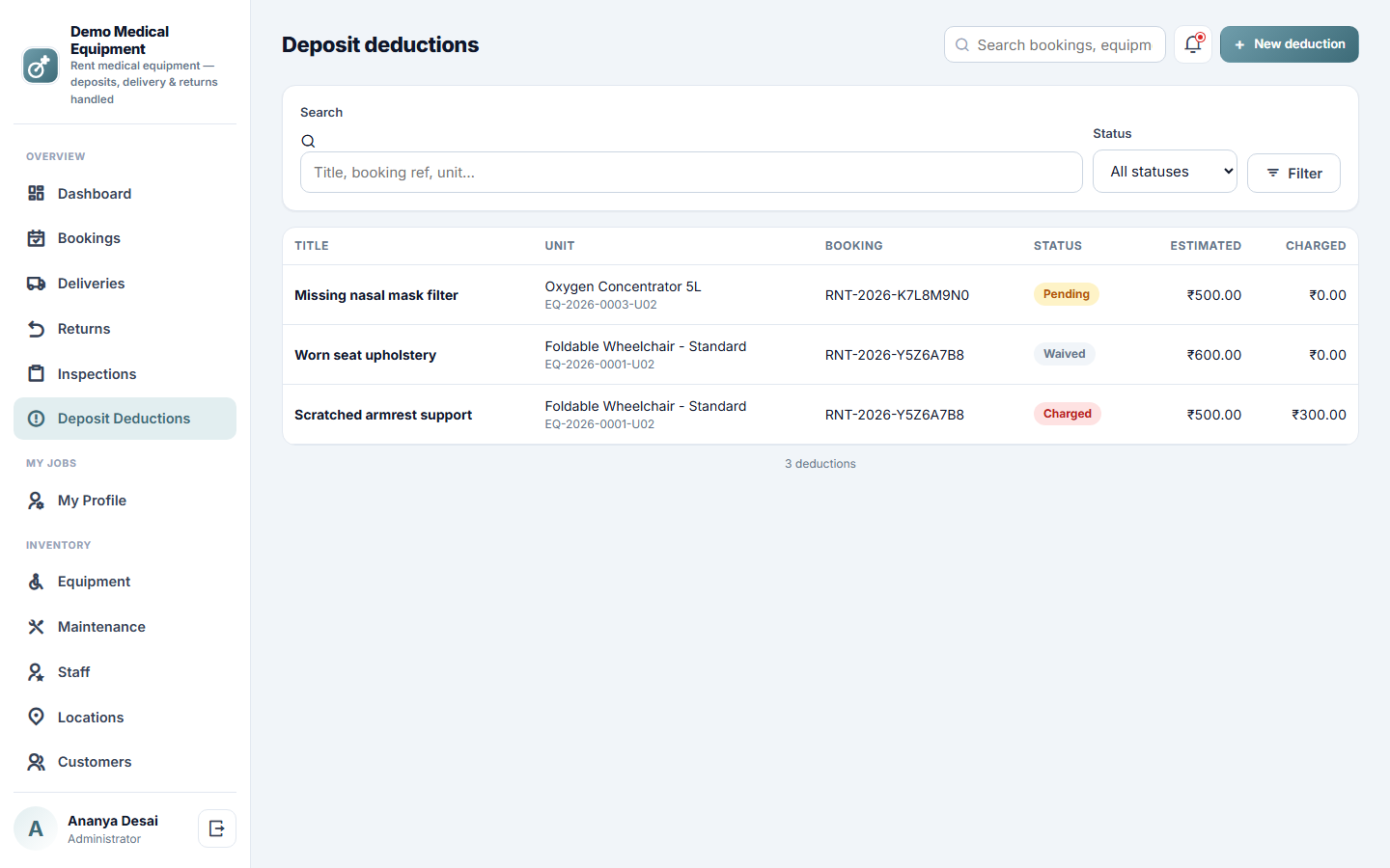 Medical Equipment Rental and Inventory Management Software screenshot