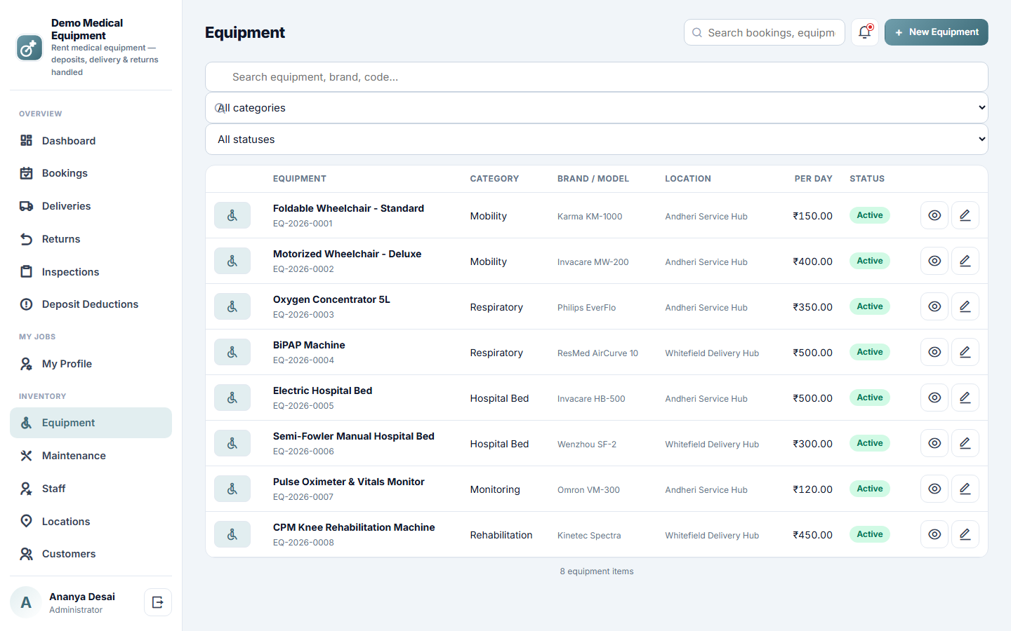 Medical Equipment Rental and Inventory Management Software screenshot