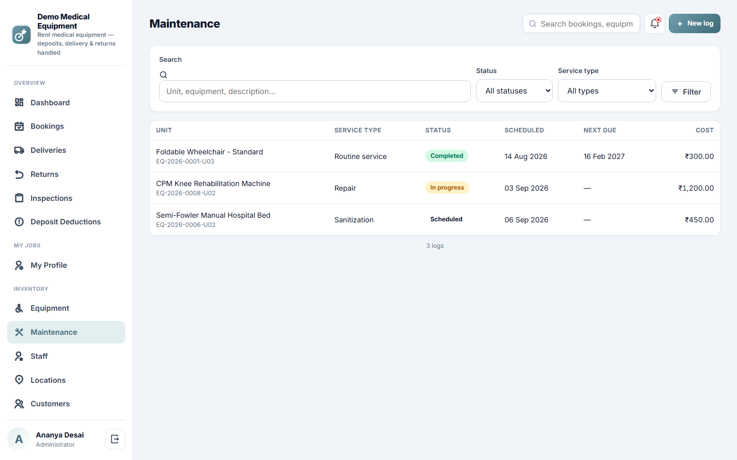 Medical Equipment Rental and Inventory Management Software screenshot