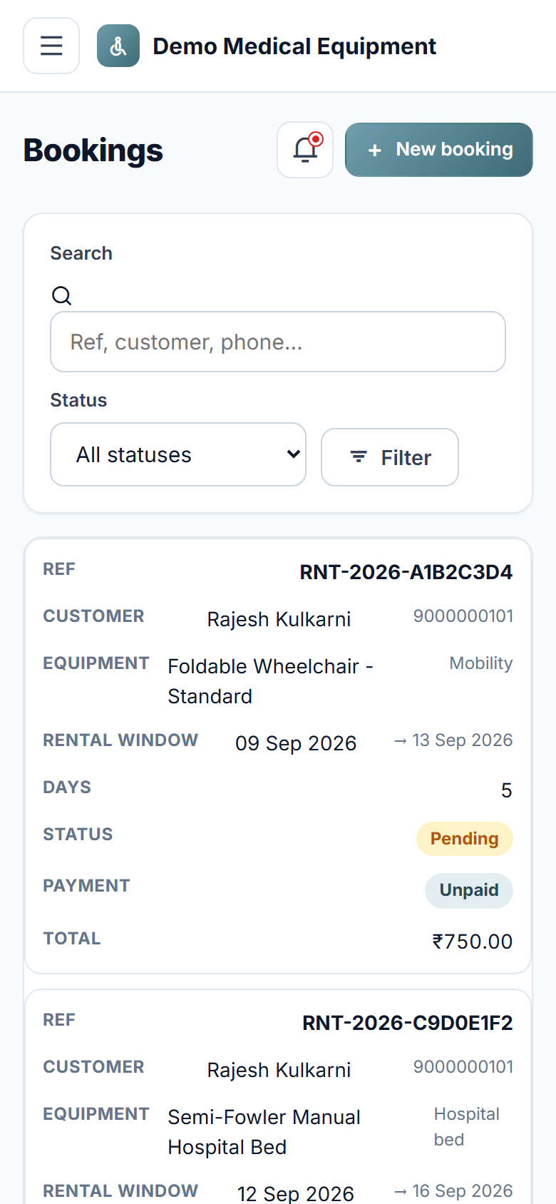 Medical Equipment Rental and Inventory Management Software screenshot
