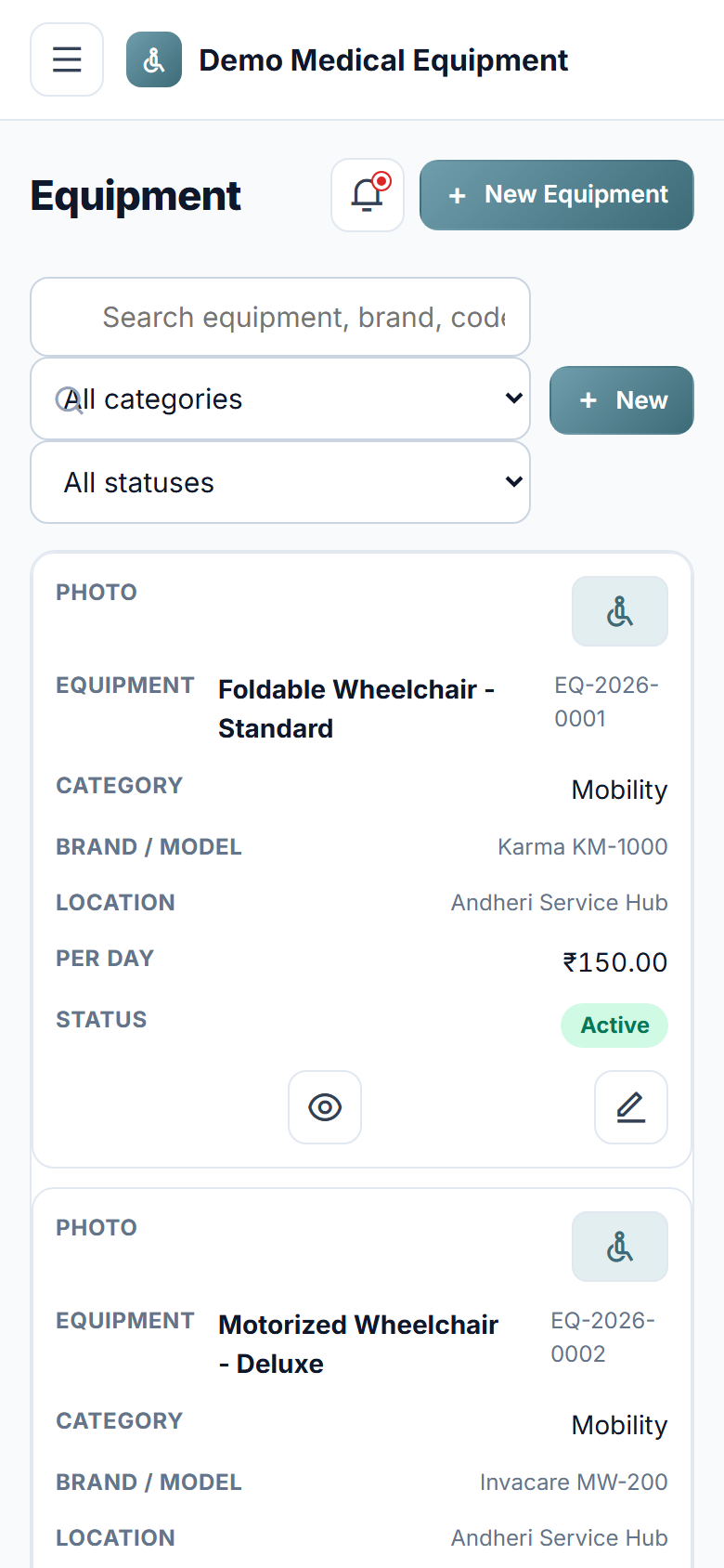 Medical Equipment Rental and Inventory Management Software screenshot