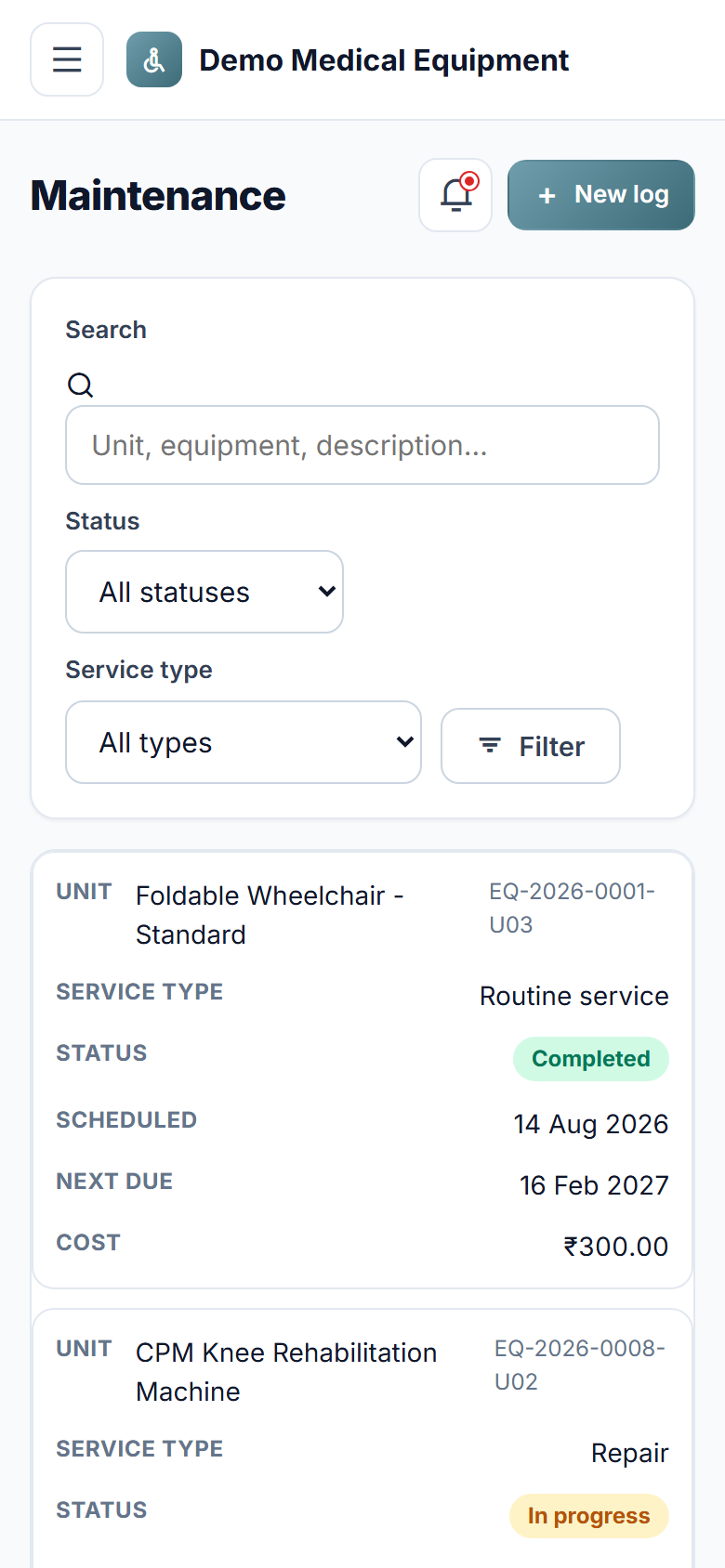 Medical Equipment Rental and Inventory Management Software screenshot