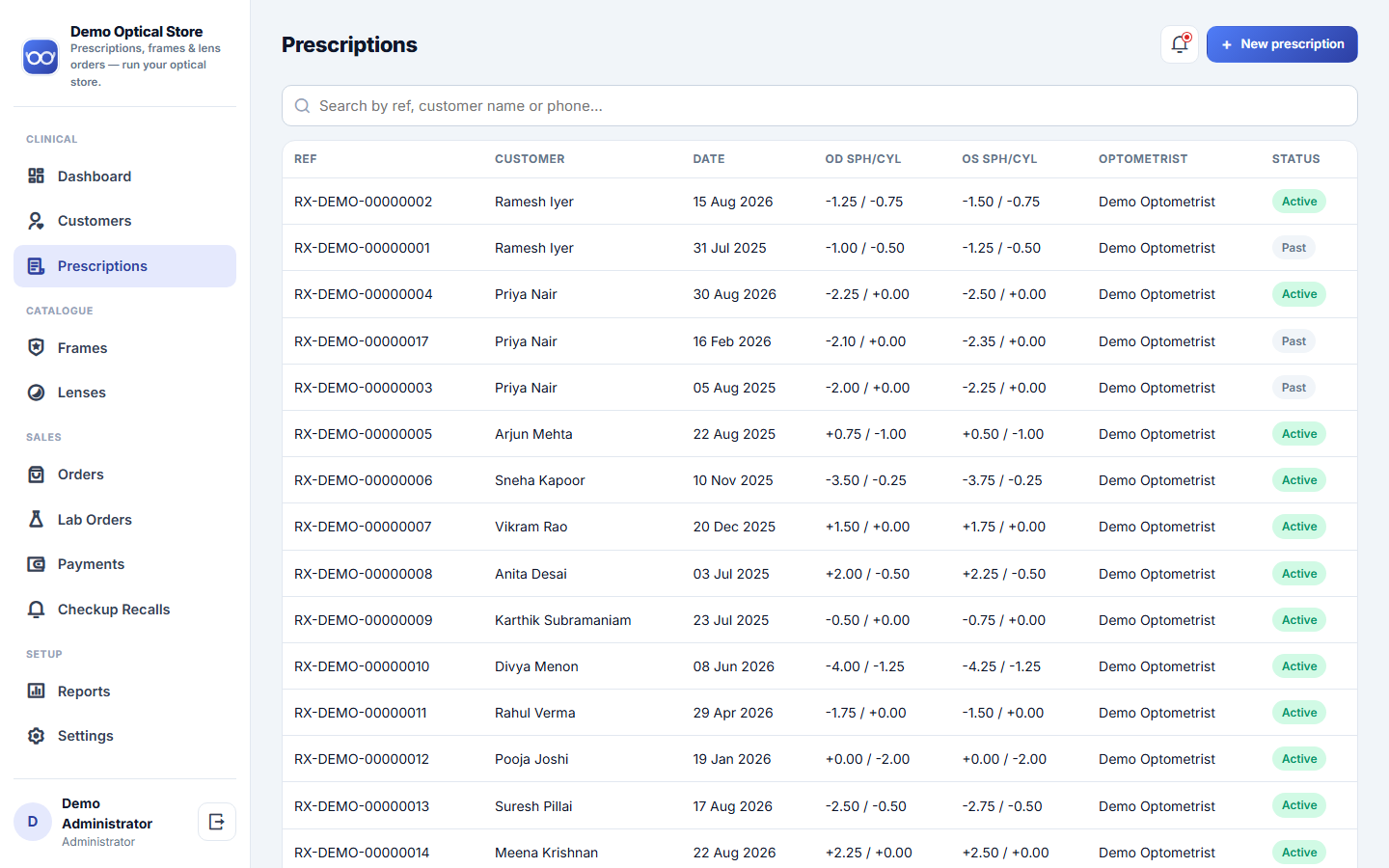 Optical Store Prescription, Frame & Lens Order Management Software screenshot