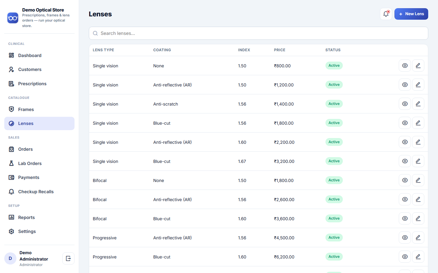 Optical Store Prescription, Frame & Lens Order Management Software screenshot