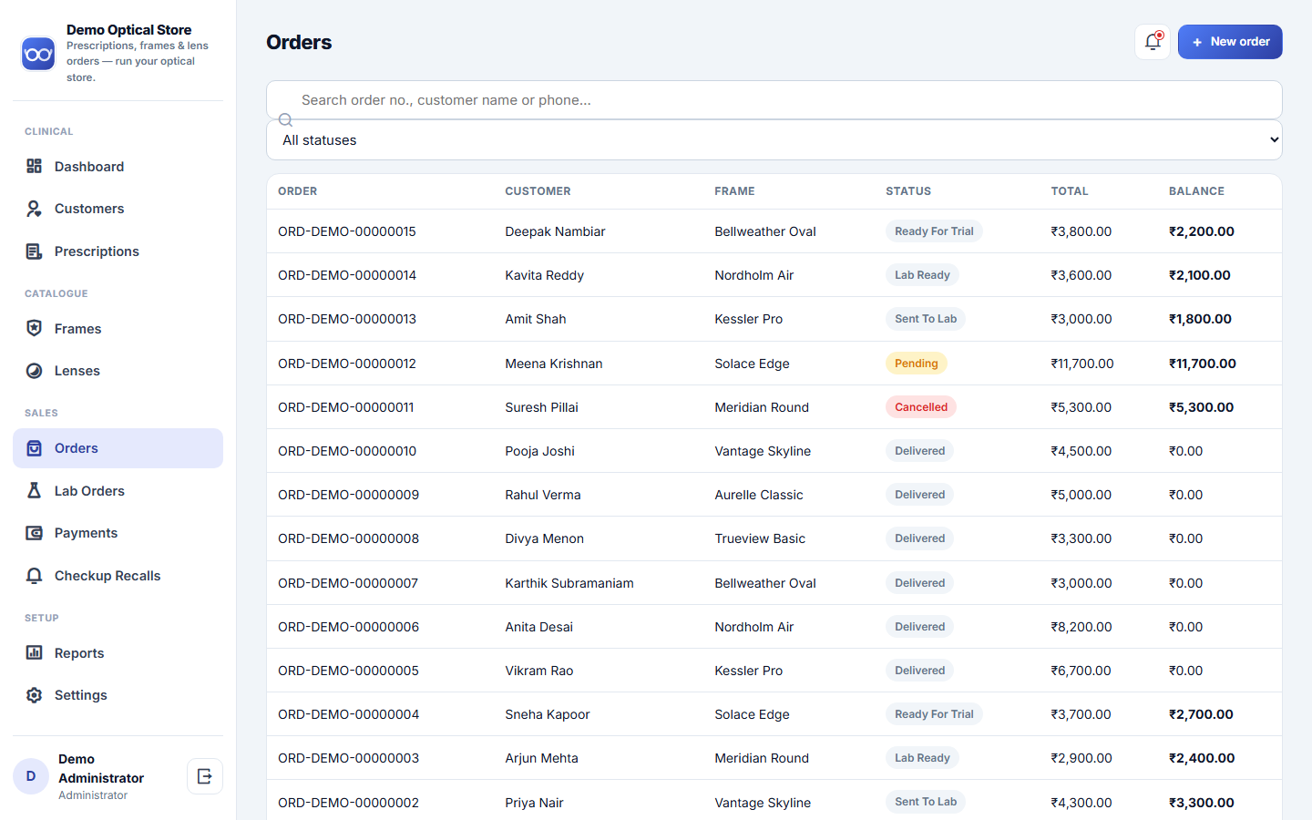 Optical Store Prescription, Frame & Lens Order Management Software screenshot