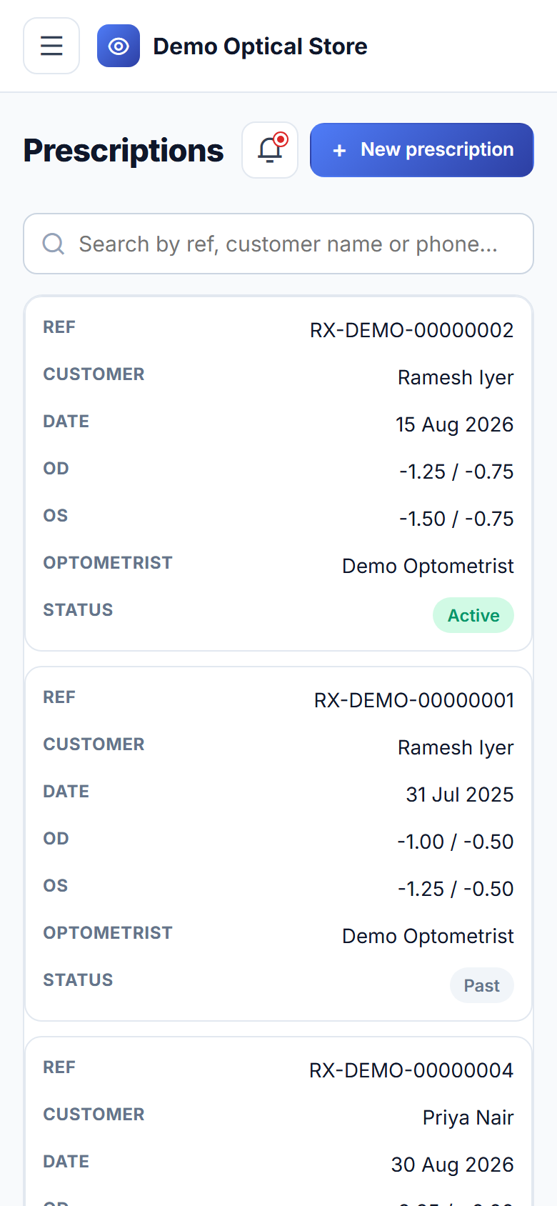 Optical Store Prescription, Frame & Lens Order Management Software screenshot