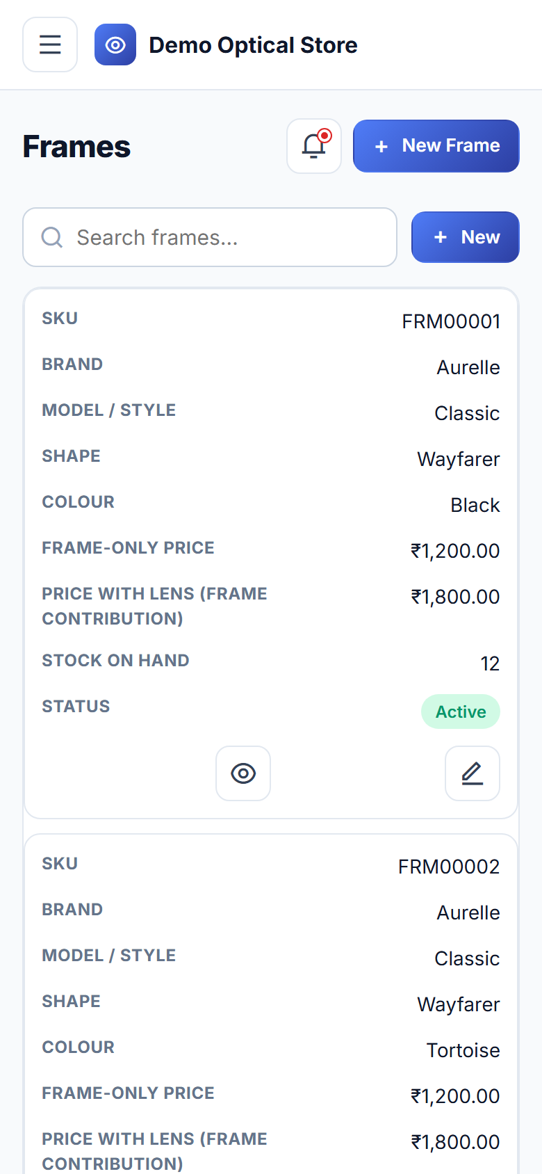 Optical Store Prescription, Frame & Lens Order Management Software screenshot