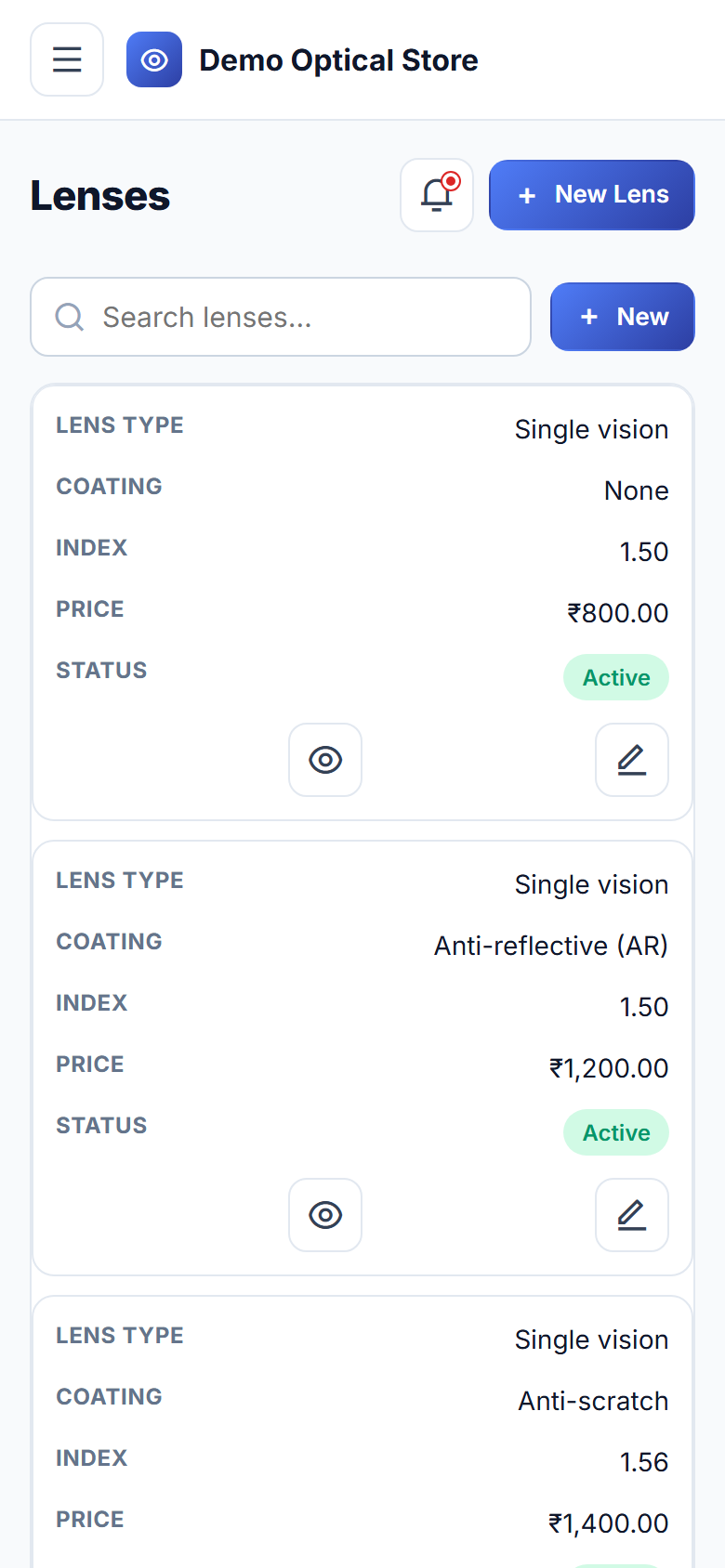 Optical Store Prescription, Frame & Lens Order Management Software screenshot