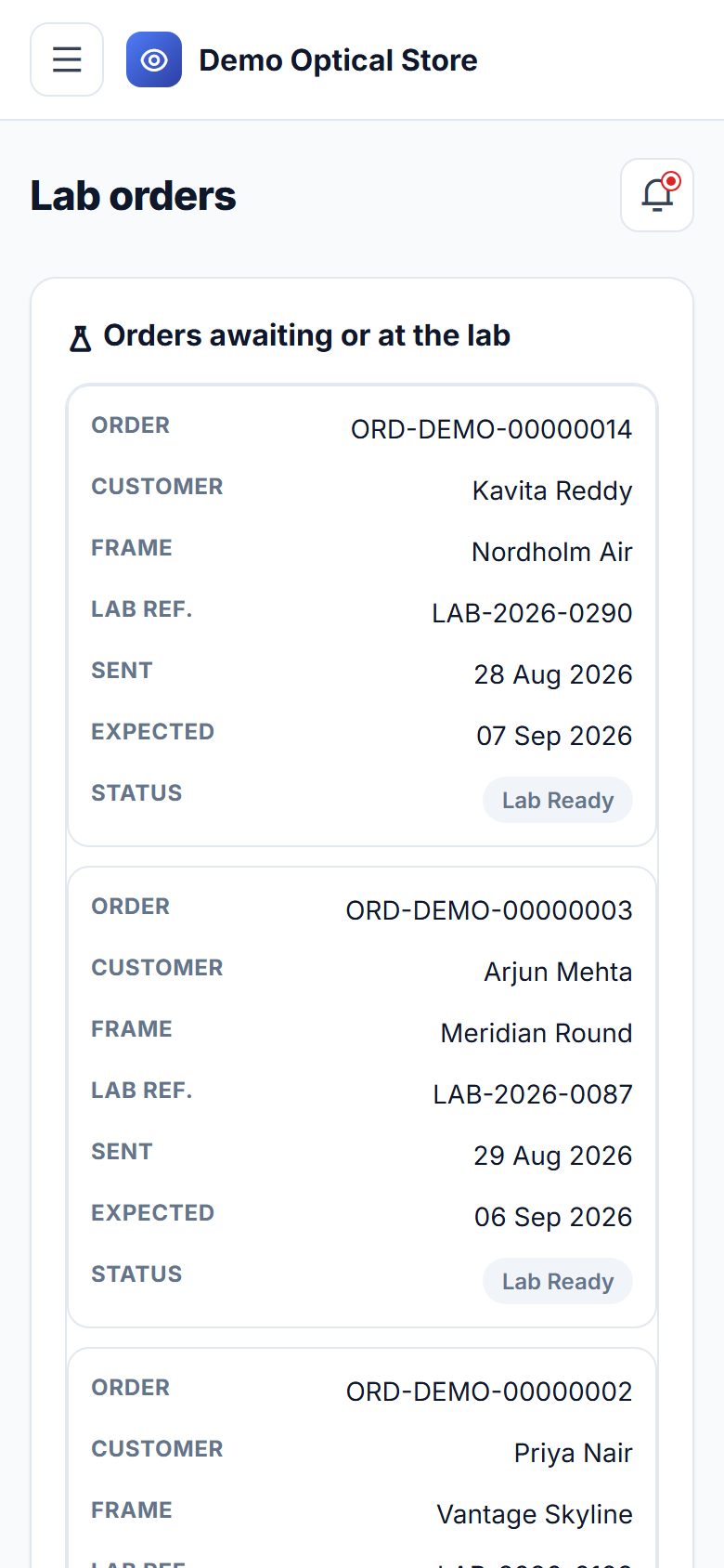 Optical Store Prescription, Frame & Lens Order Management Software screenshot