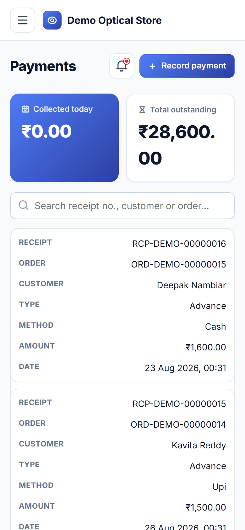Optical Store Prescription, Frame & Lens Order Management Software screenshot