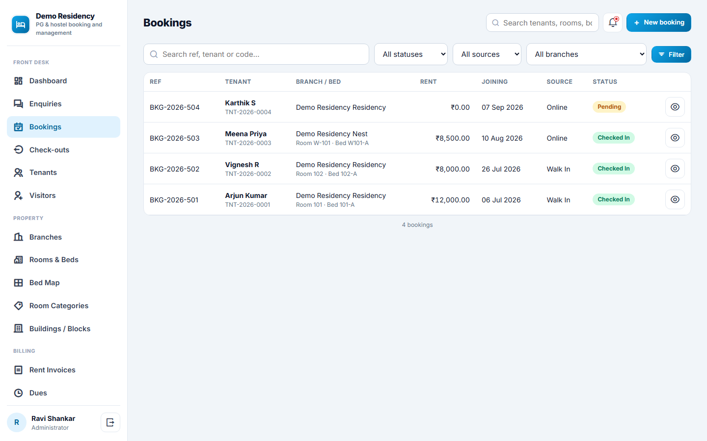 PG and Hostel Booking and Management Software screenshot