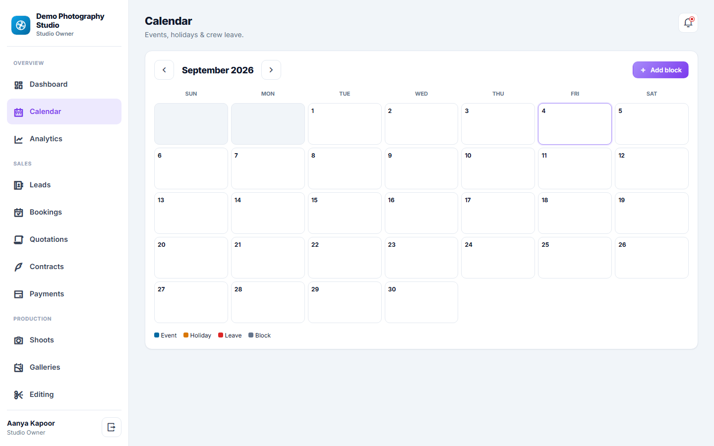 Photography Studio Management & Booking Software screenshot