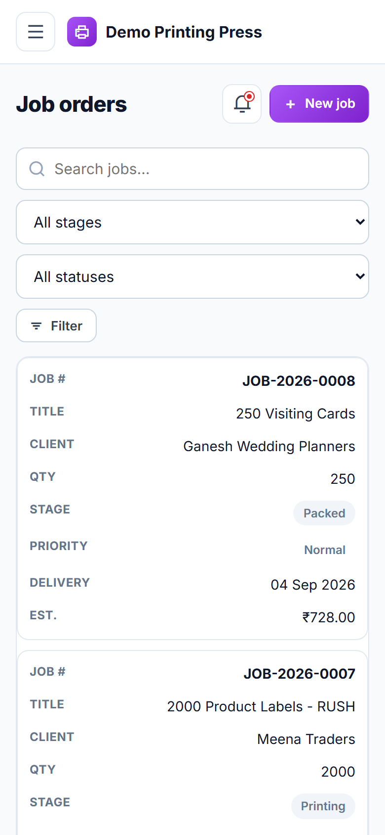 Printing Press Order Management and Job Tracking Software screenshot