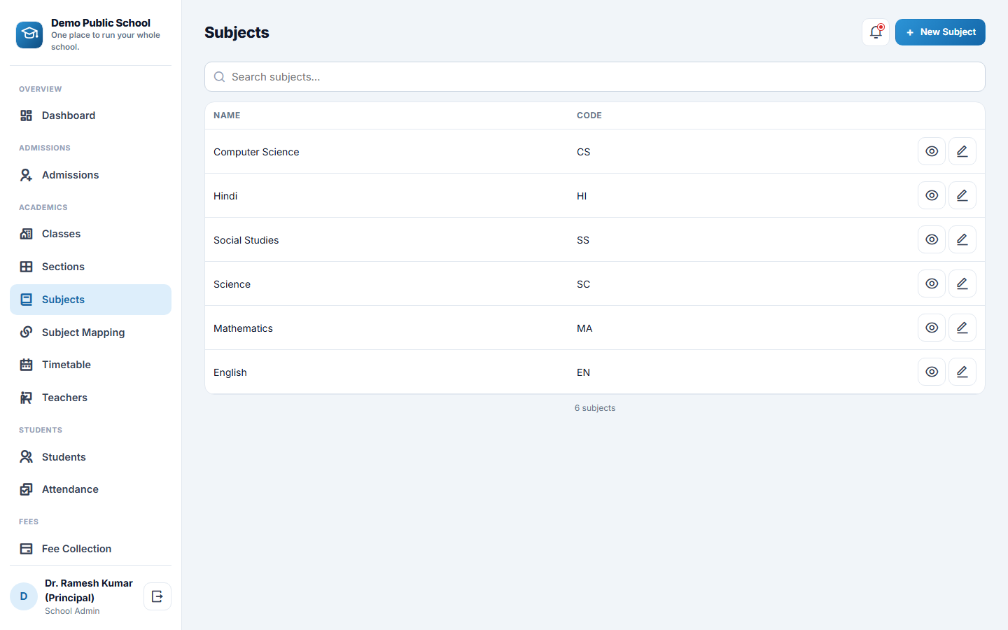 Mini School ERP screenshot