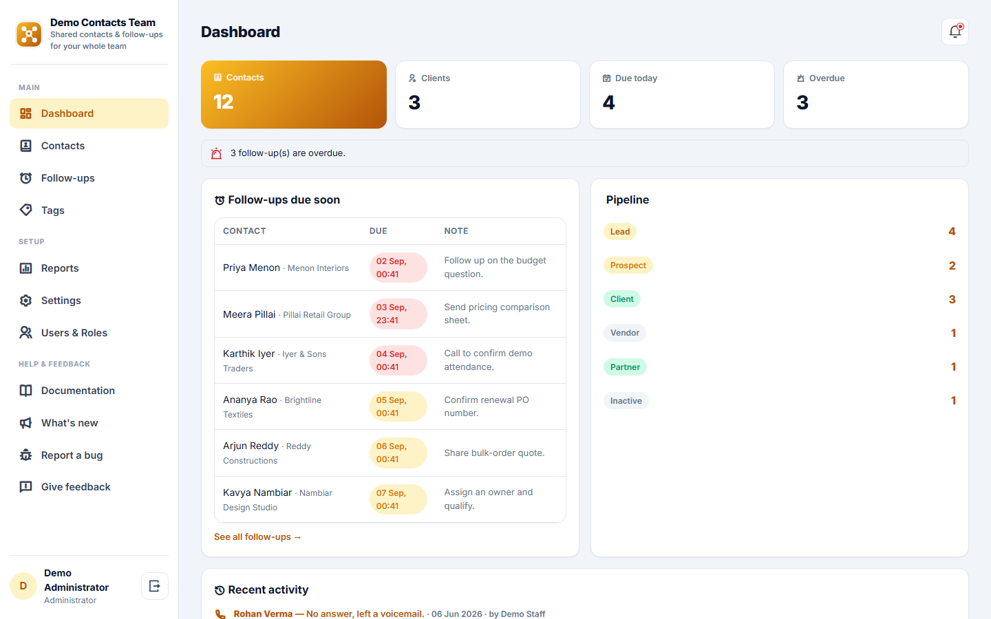 Shared Contact & Follow-up Management Software screenshot