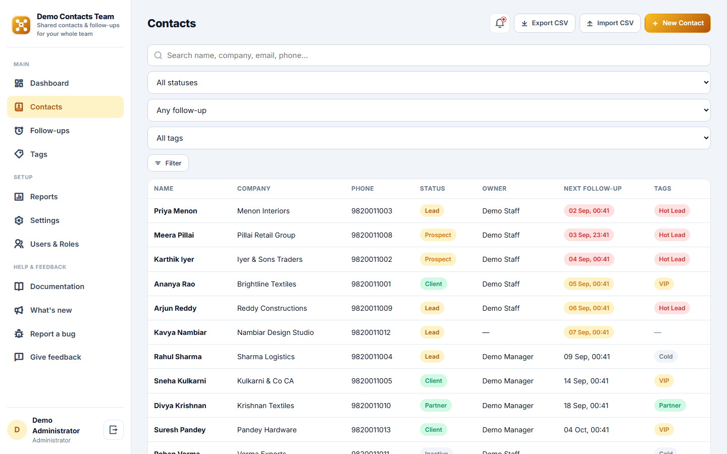 Shared Contact & Follow-up Management Software screenshot