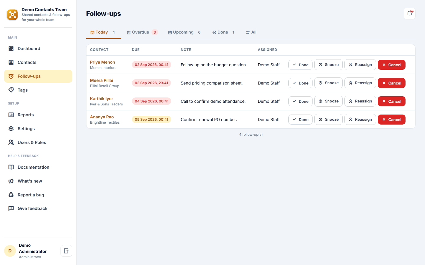 Shared Contact & Follow-up Management Software screenshot