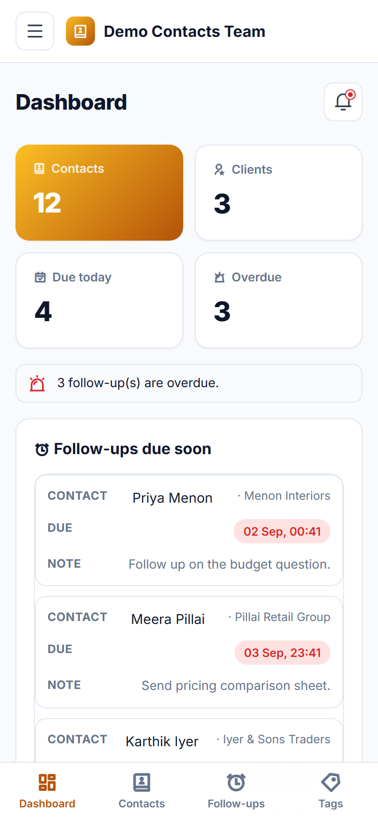 Shared Contact & Follow-up Management Software screenshot