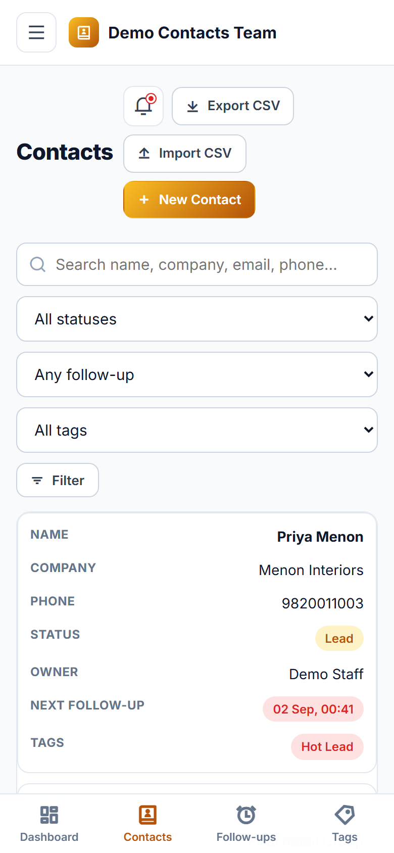 Shared Contact & Follow-up Management Software screenshot