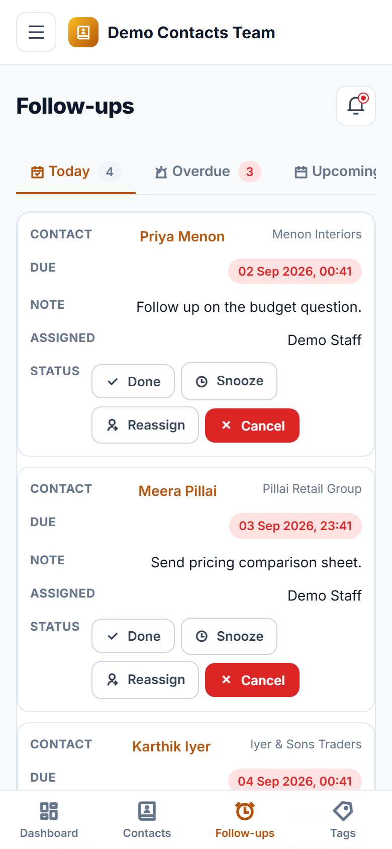 Shared Contact & Follow-up Management Software screenshot
