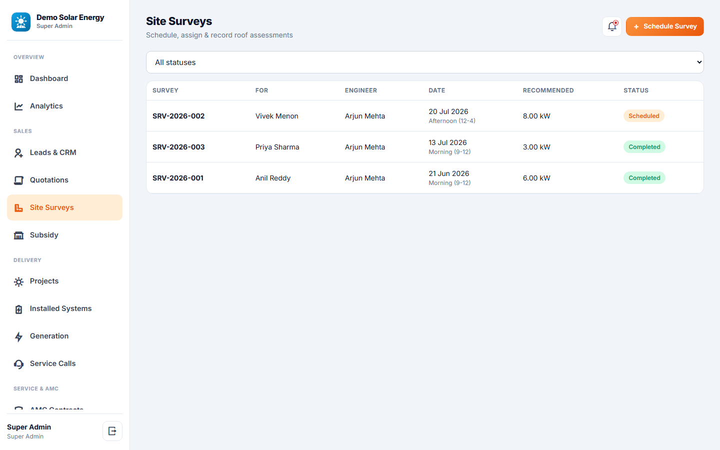 Solar Installation & AMC Management Software screenshot