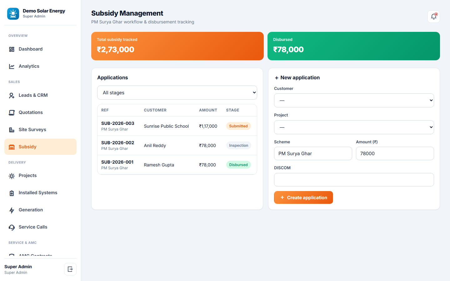 Solar Installation & AMC Management Software screenshot