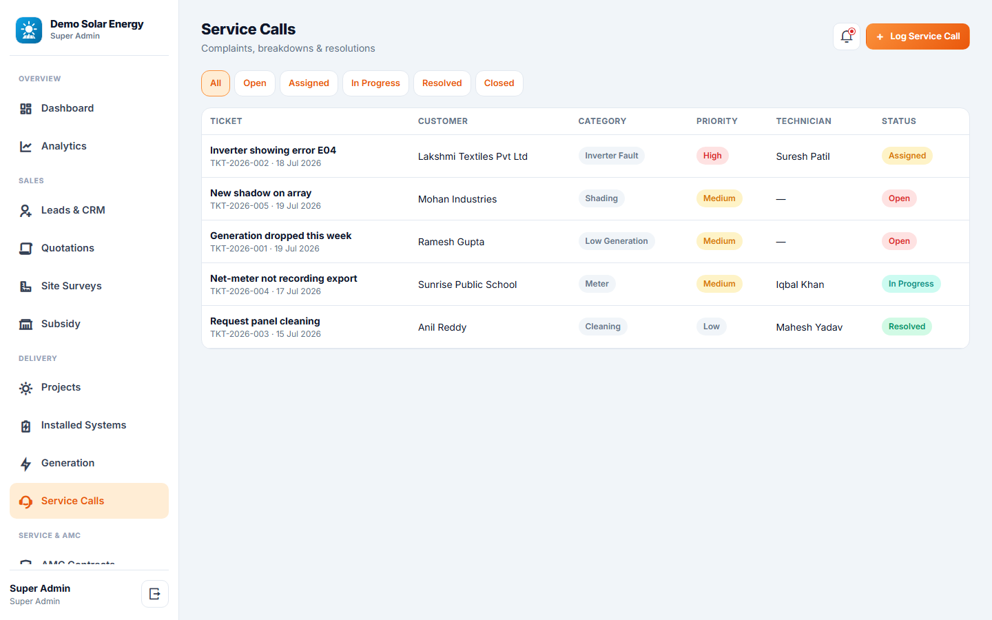Solar Installation & AMC Management Software screenshot