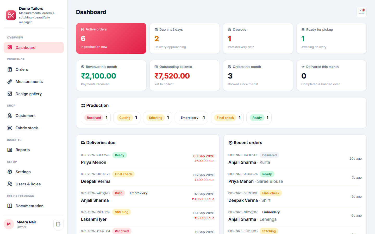 Tailoring & Boutique Order Management System screenshot