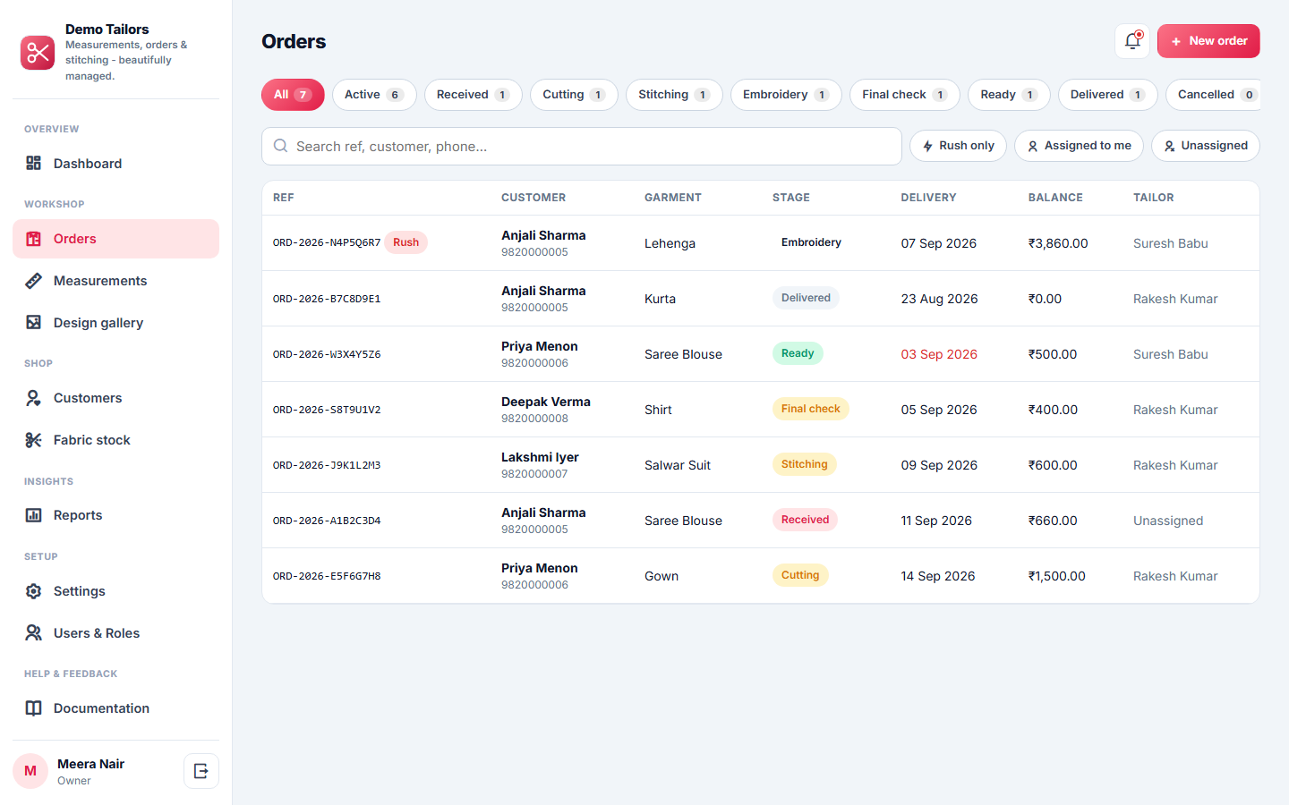 Tailoring & Boutique Order Management System screenshot