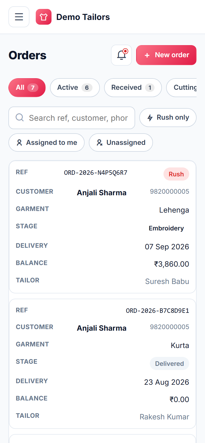 Tailoring & Boutique Order Management System screenshot