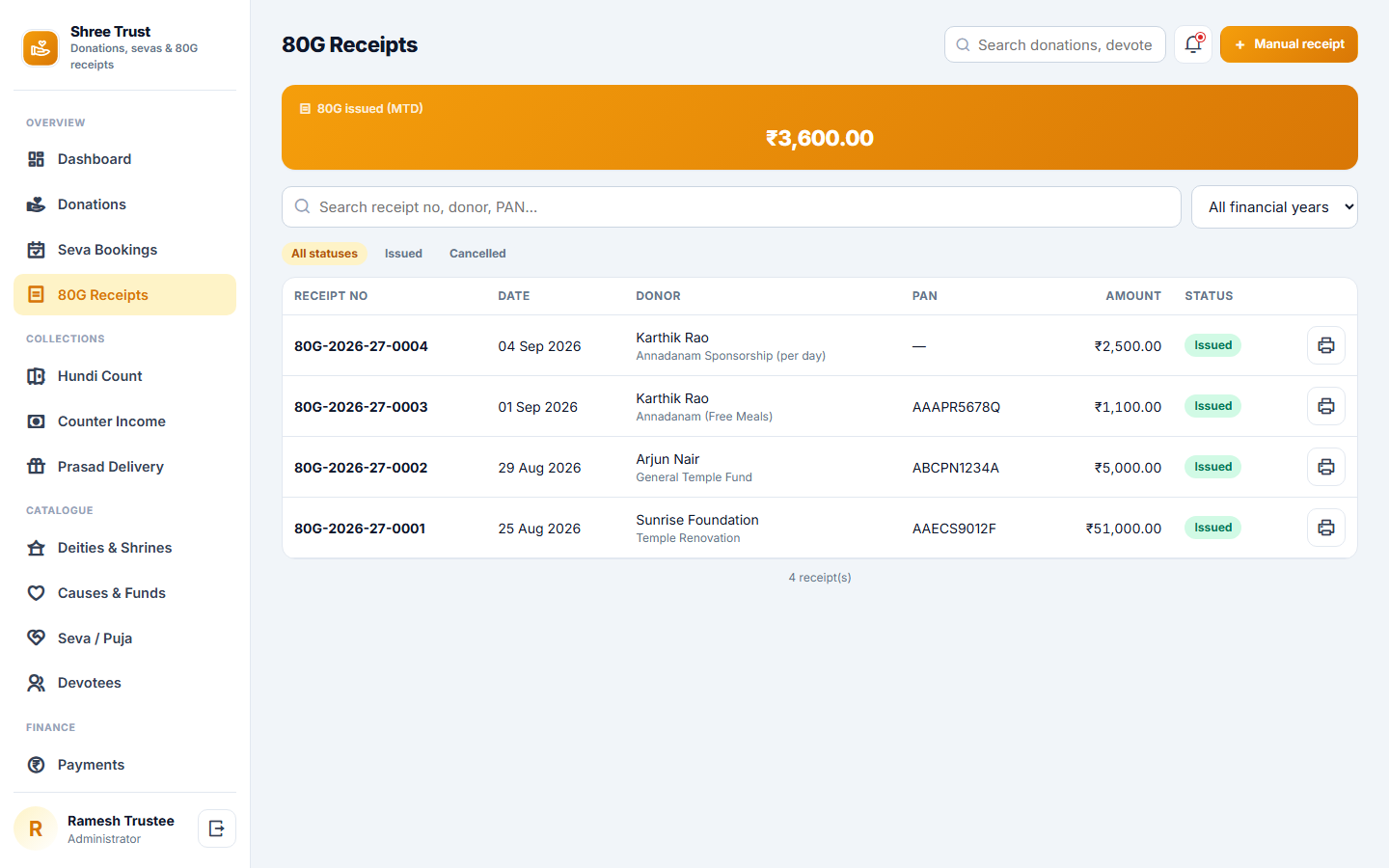 Temple and Trust Donation Management Software screenshot