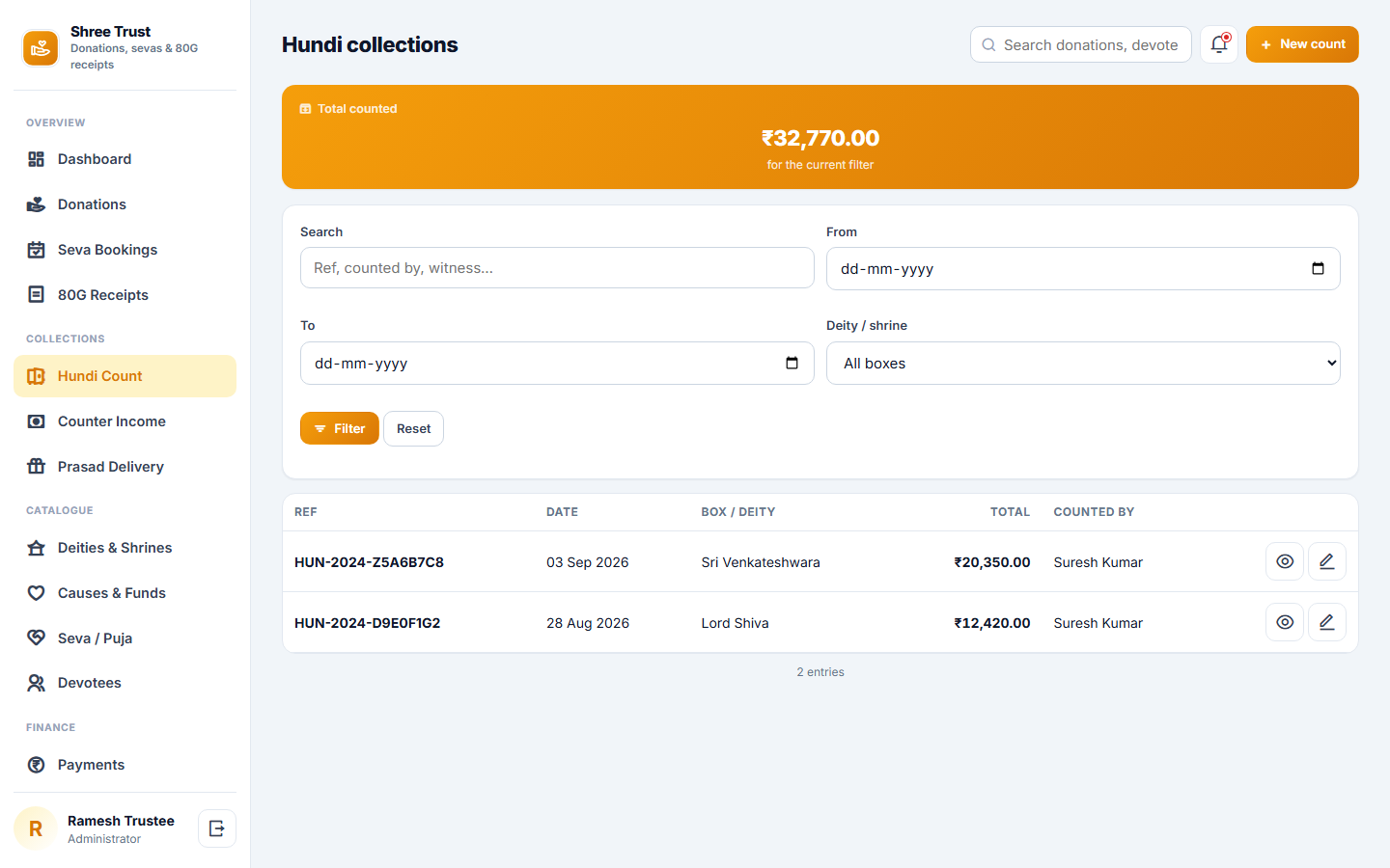 Temple and Trust Donation Management Software screenshot