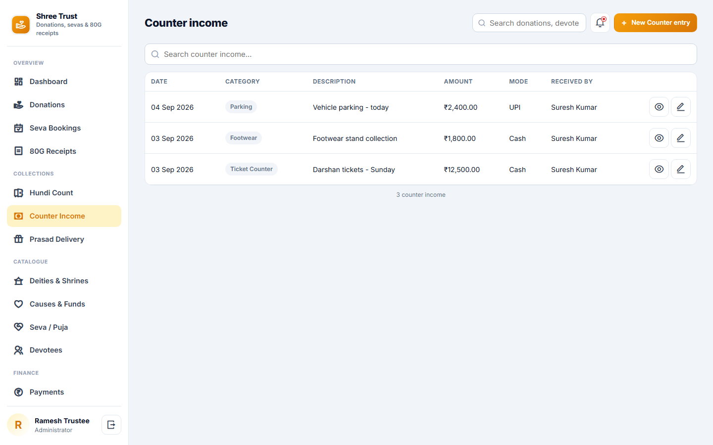 Temple and Trust Donation Management Software screenshot