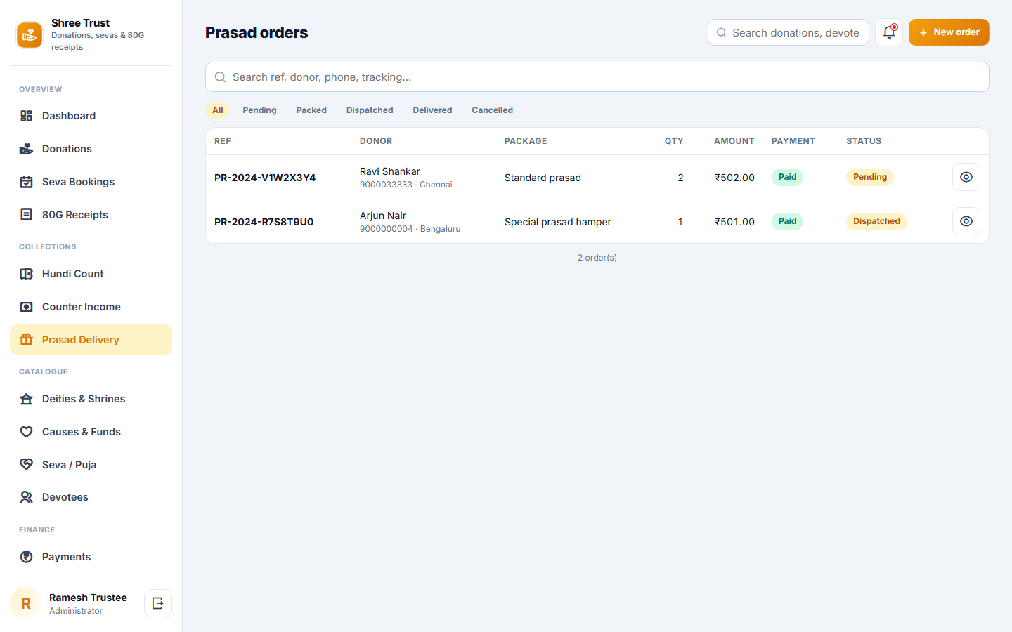 Temple and Trust Donation Management Software screenshot