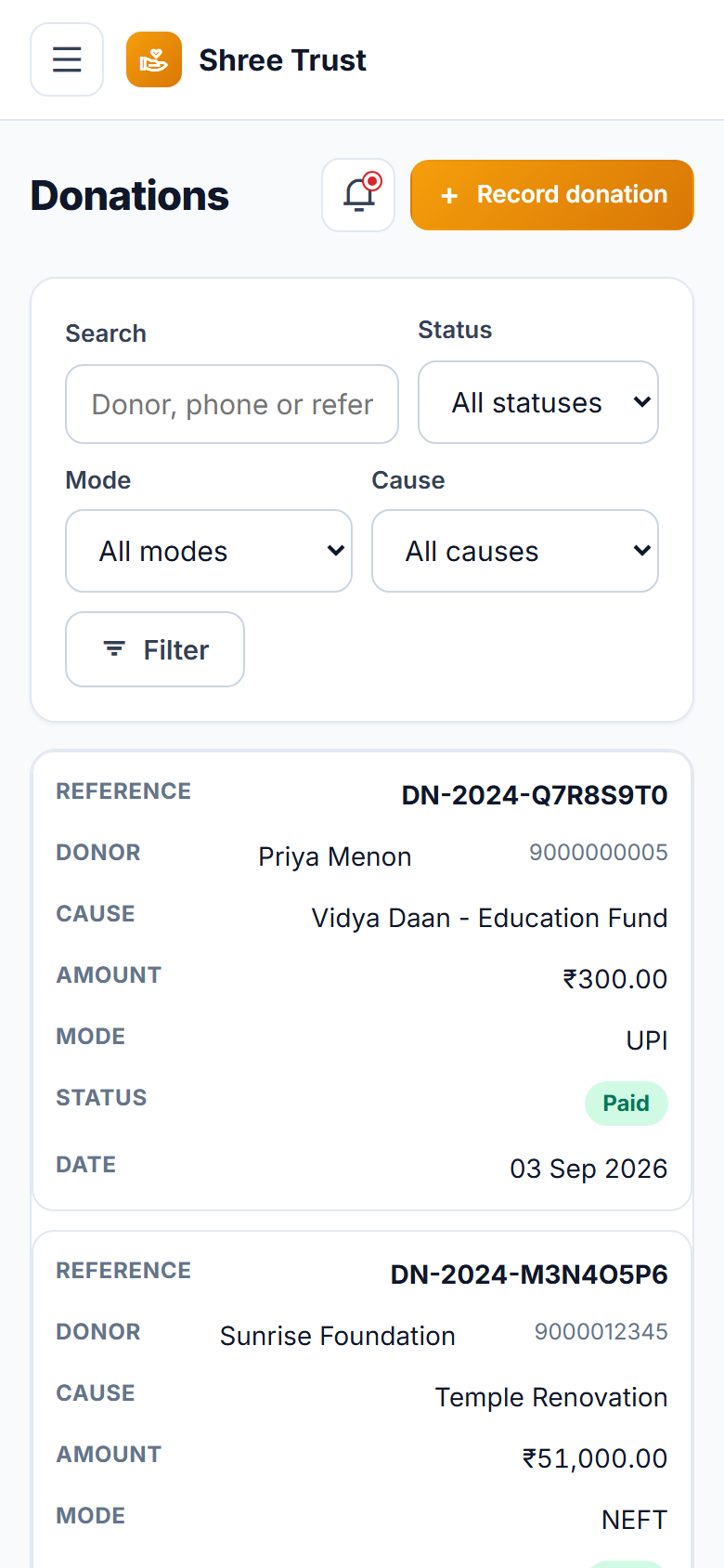 Temple and Trust Donation Management Software screenshot