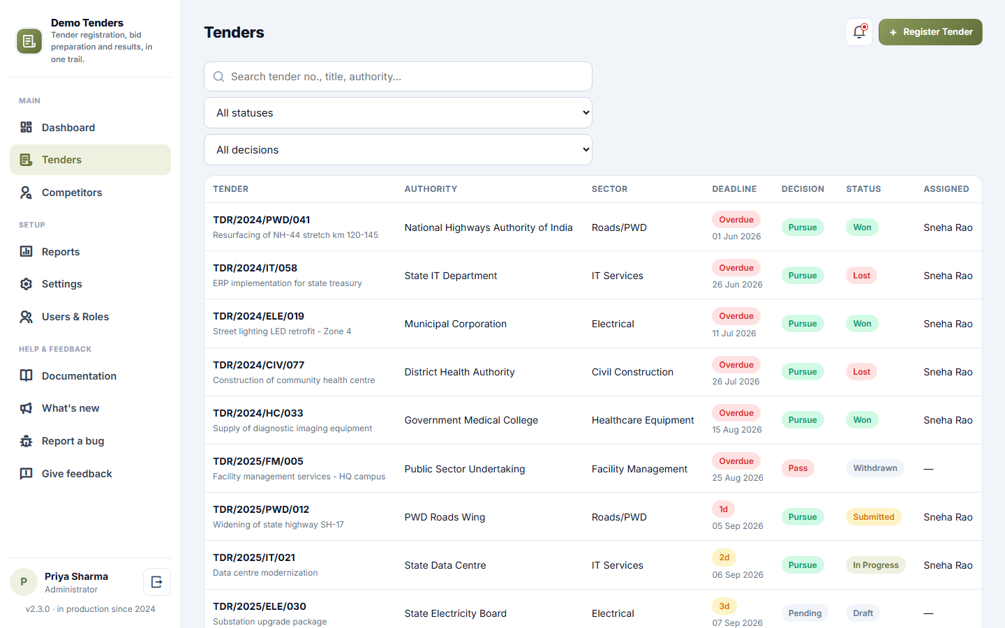 Tender / RFQ Management Software screenshot