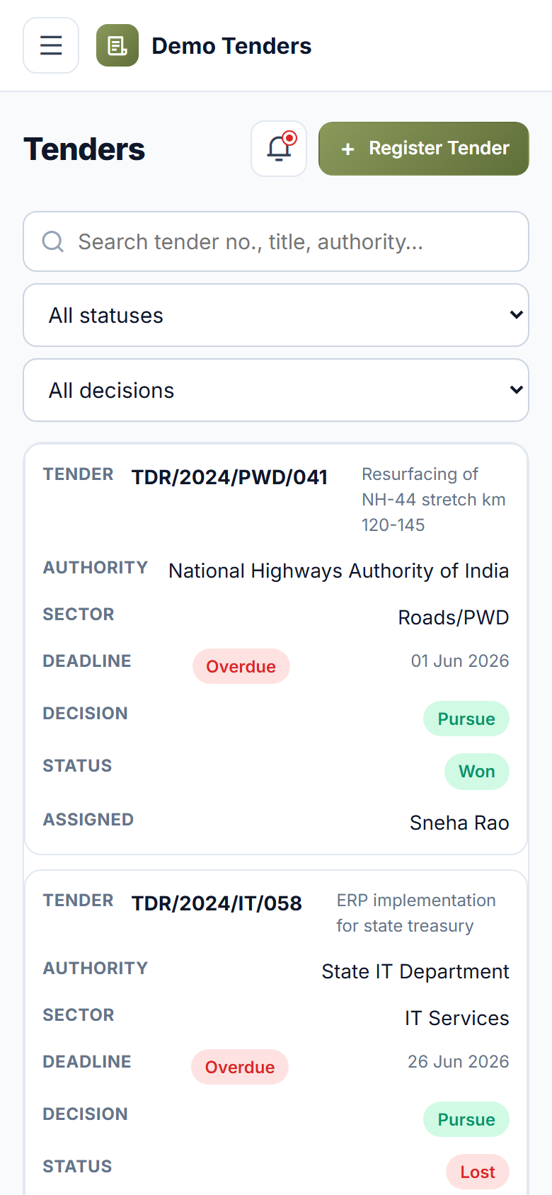 Tender / RFQ Management Software screenshot
