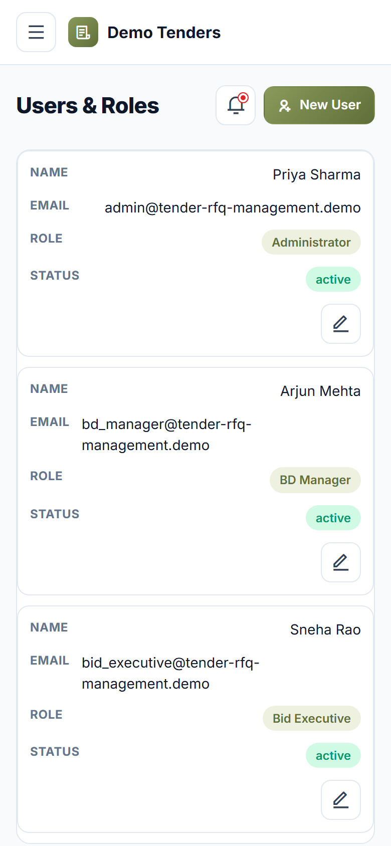 Tender / RFQ Management Software screenshot