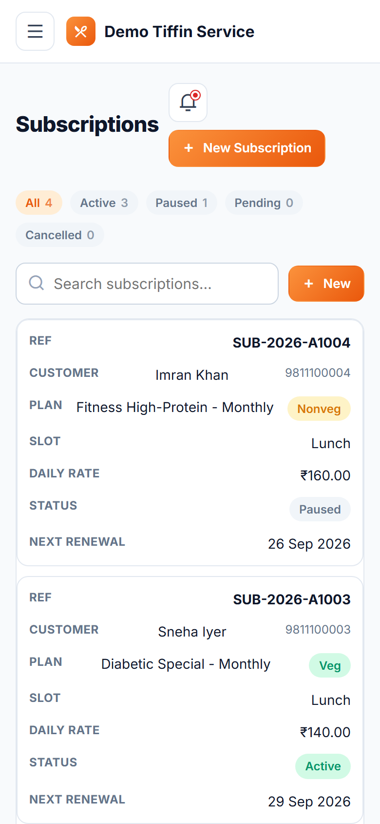 Tiffin & Meal Subscription Delivery Software screenshot