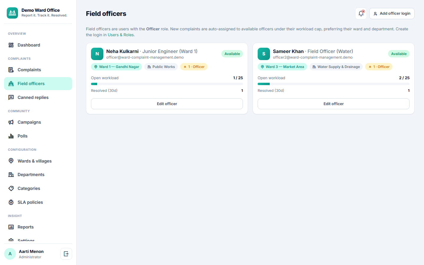 Panchayat & Ward Complaint Management System screenshot