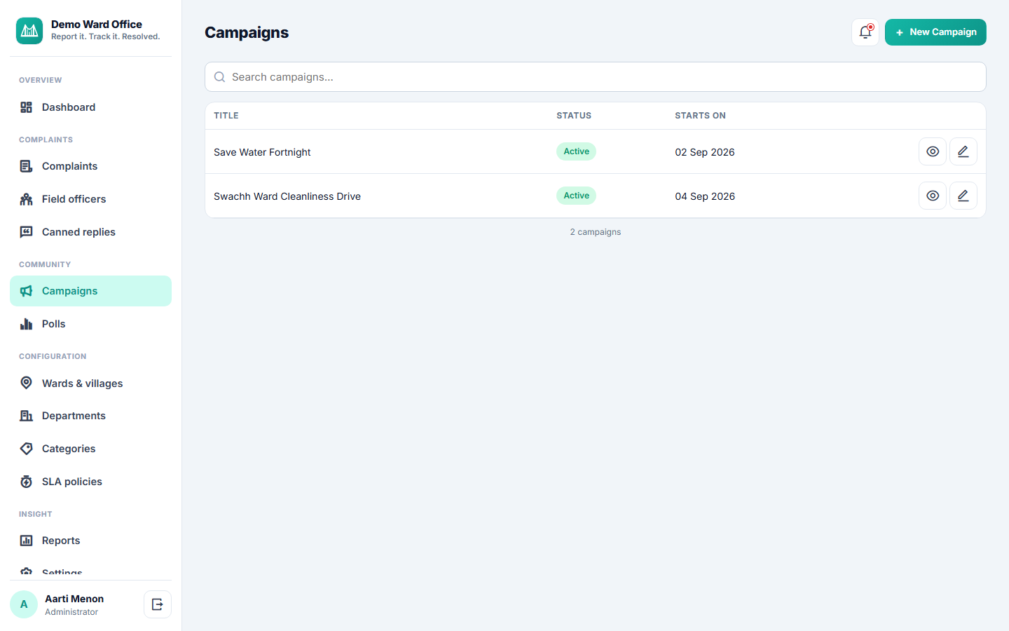 Panchayat & Ward Complaint Management System screenshot