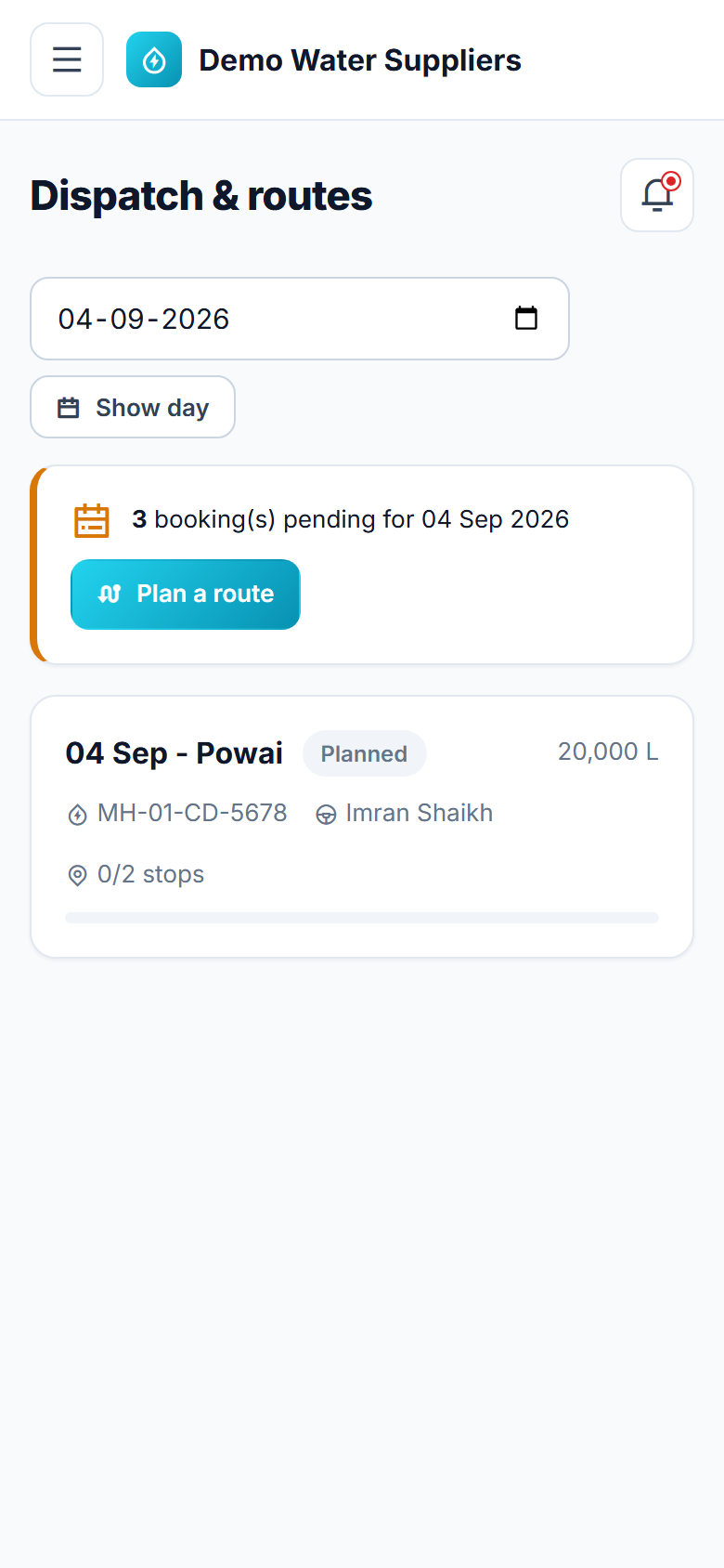 Water Tanker Booking & Route Management screenshot
